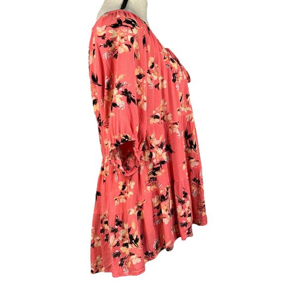 Torrid SZ 1 (1X-Large) Babydoll Top Floral Stretch Gauzy Boat Neck Keyhole Pink - Picture 3 of 9